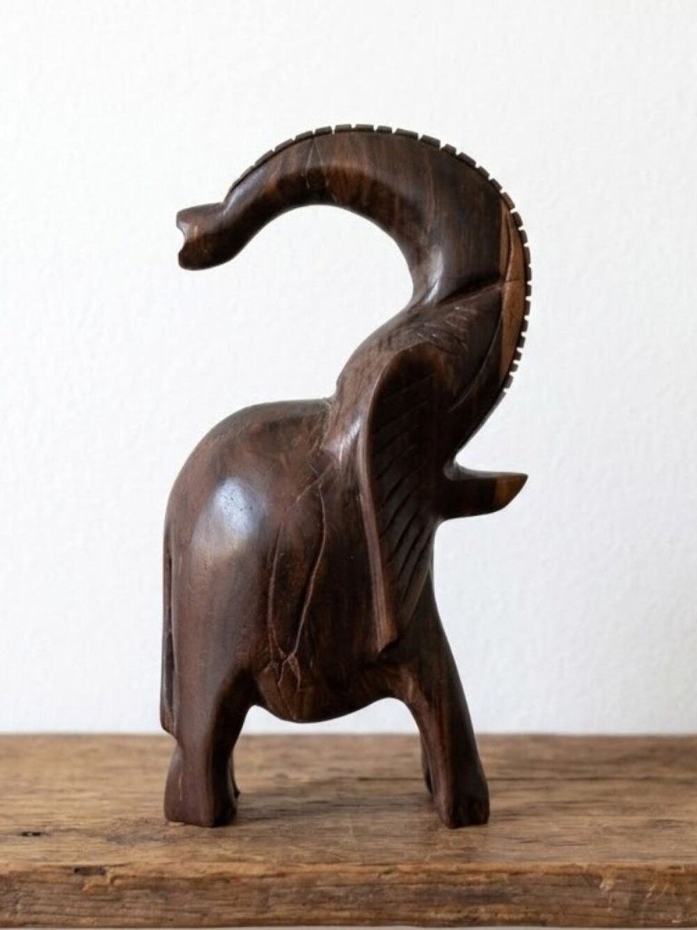 Vintage Hand Carved Wooden Elephant Figurine 9.5" Tall Mid Century Modern Jungle